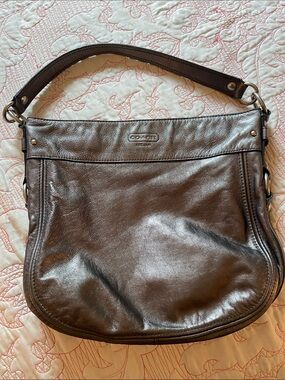 Coach Gunmetal Metallic Leather ZOE Hobo Bag
